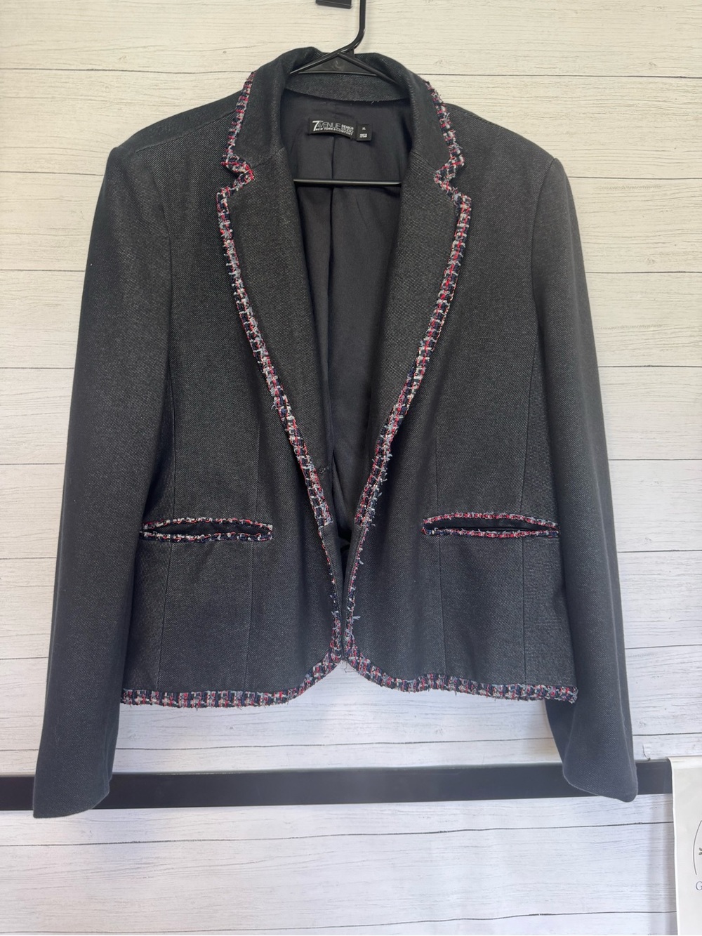 NY & Company 7th Avenue Tweed Trim Blazer Dark Gray Navy Lined Classic Y2K